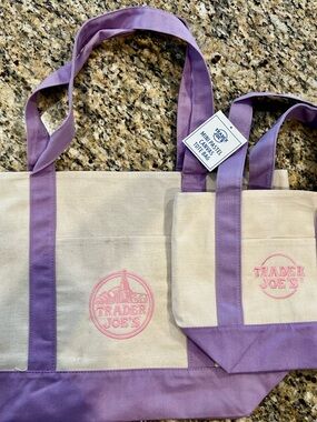 Trader Joe's Cream and Lavender Canvas Tote Bags Bundle (2)
